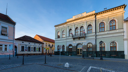 Rimavska Sobota, Slovakia - March 3, 2019: Historical town houses in the main square of Rimavska Sobota, Slovakia.のeditorial素材