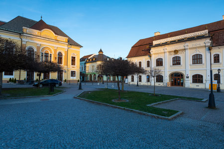 Rimavska Sobota, Slovakia - March 3, 2019: Historical town houses in the main square of Rimavska Sobota, Slovakia.のeditorial素材