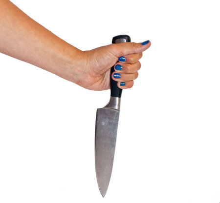 Woman hand with knife down isolated