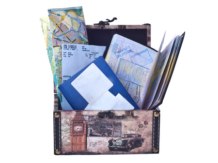 souvenir box with travelers documents and maps isolatedの写真素材