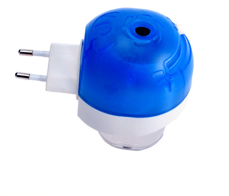Fumigator against mosquitoes with a blue bottle on a white backgroundの写真素材