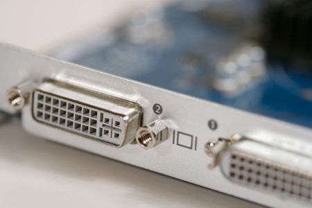 a close up of the external ports of a video cardの写真素材