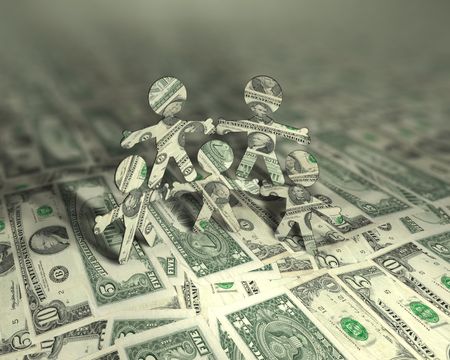 5 little figures made of US Dollars standing on US Currencyの写真素材