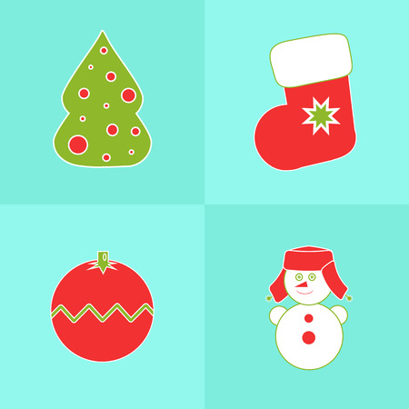 Christmas icons on a blue background with tree, snowman, stocking, ballのイラスト素材