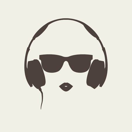 Vector silhouette of colored girl with brown headphonesのイラスト素材