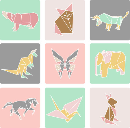 Vector illustration of origami paper animals and birdのイラスト素材