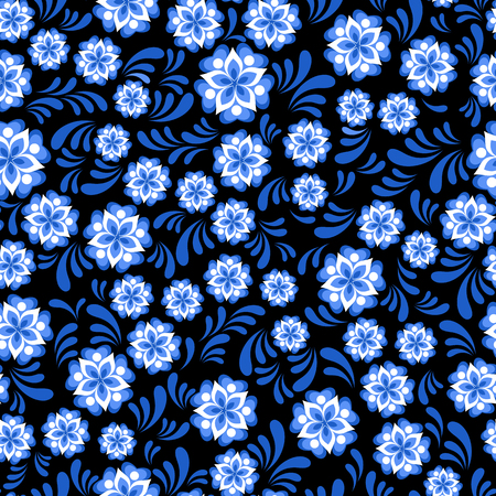 Seamless blue floral pattern painting in Russian gzel styleのイラスト素材
