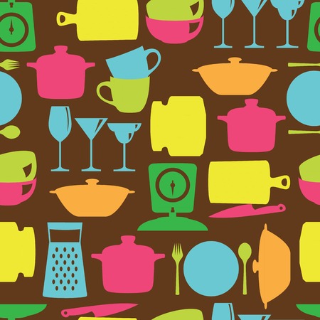Kitchenware flat color design silhouette vector seamless patternのイラスト素材