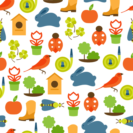 Vector seamless pattern of spring symbols and garden toolsのイラスト素材