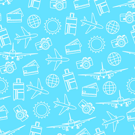 Vector seamless pattern of travelling on airplane. Tourism backgroundのイラスト素材