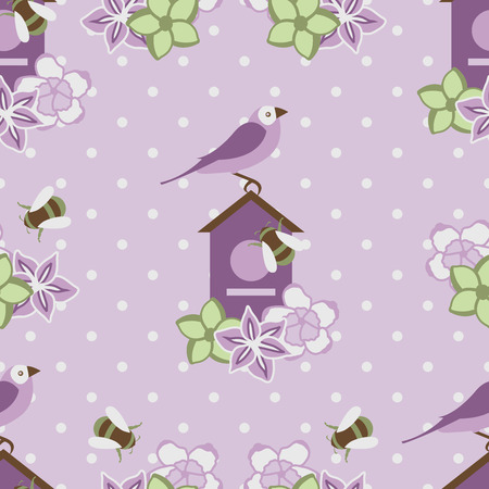 Seamless Pattern with Purple Flowers and Birds on polka dots backgroundのイラスト素材