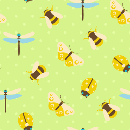 Vector seamless pattern illustration of colorful insects with polka dots backgroundのイラスト素材