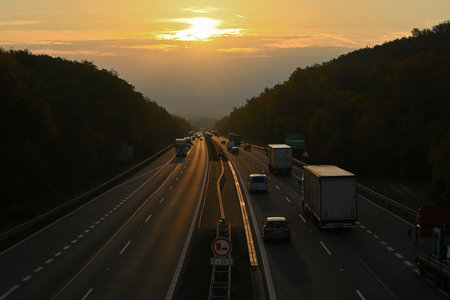 Golden sunrise on the highway from Prague to Brno, Czech Republicの写真素材