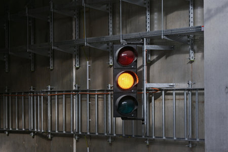 Traffic light at the entrance to the tram tunnel with an orange light onの写真素材