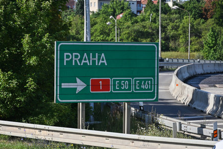 Green direction sign at the turn on the D1 highway from Brno to Prague, Czech Republicの写真素材