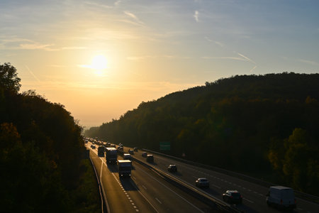 Golden sunrise on the highway from Prague to Brno, Czech Republicの写真素材