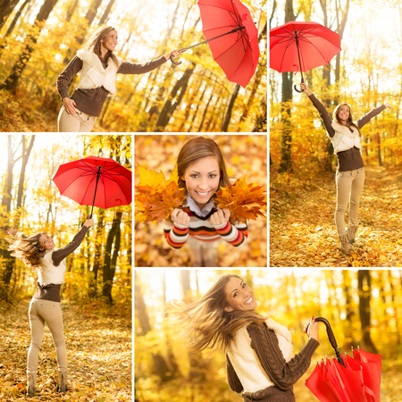 Collage of a beautiful cheerful young woman with red umbrella having fun in sunny forest in autumn colors.の写真素材