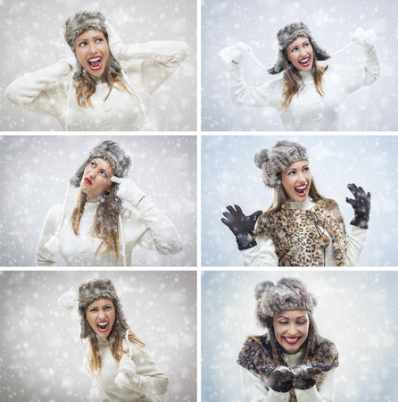 Collage of a beautiful young woman in warm clothing having fun while snowing.の写真素材
