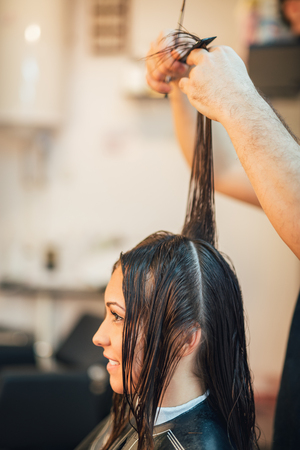 Young beautiful woman having cut her hair at the man hairdresser.の写真素材