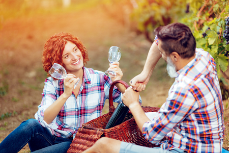 Beautiful smiling couple having picnic and tasting wine at a vineyard.の写真素材