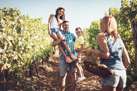 Beautiful young smiling family of four having fun at a vineyard.の写真素材