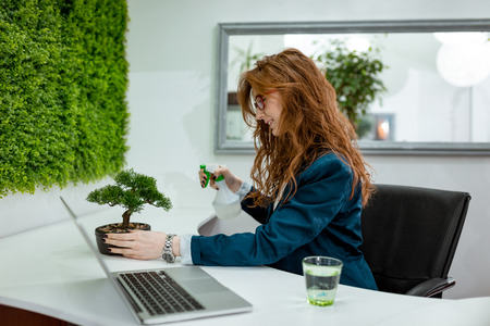 Young business woman working in the office with wall covered of grass. She sprays water on bonsai tree and smiles.の写真素材