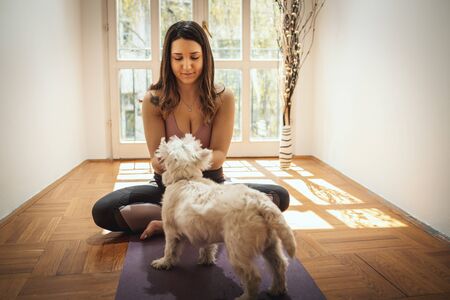Young woman is relaxing with her sweetie dog pet during coronavirus pandemic doing yoga meditation in the living room at home. She is meditating on floor mat in morning sunshineの写真素材