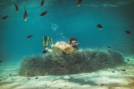 A beautiful young woman is having fun at summer vacation exploring seafloor during scuba diving in sea.の写真素材