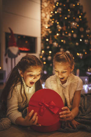 Two smiling girls are sitting on the floor by the Christmas tree. Surprised they look at the gift in a red box.の写真素材