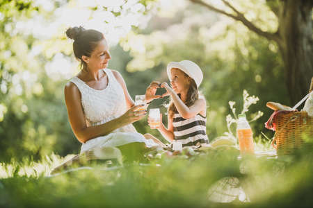 Beautiful mother and her cute daughter making heart shape in the park and enjoying a picnic day.の写真素材