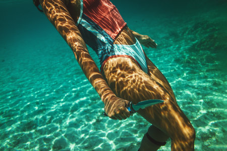 A beautiful young woman is having fun at summer vacation exploring seafloor.の写真素材