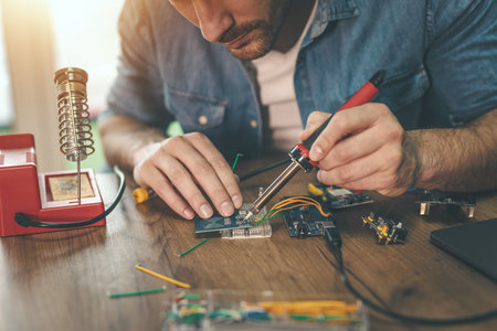 Engineer or technician is focused on repairing electronic circuit board with soldering iron.の写真素材