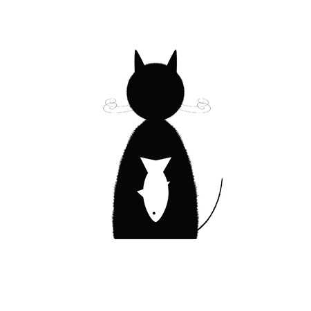 cat sitting with fish in stomach silhouette vector illustrationのイラスト素材
