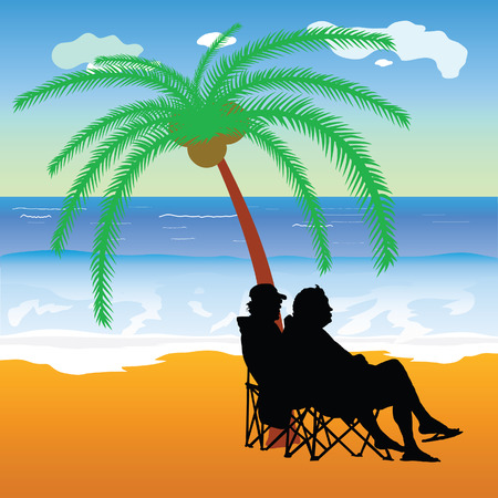 couple sitting under palm on the beach illustrationのイラスト素材