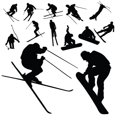 ski and snowboarding people silhouette on whiteのイラスト素材