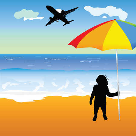 baby holing umbrella on the beach illustrationのイラスト素材