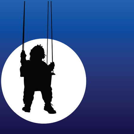 baby swings on a swing in the moonlight illustrationのイラスト素材