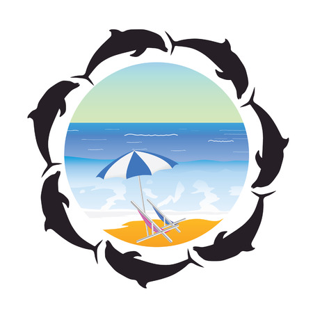 beach illustration and dolphin art vector silhouetteのイラスト素材