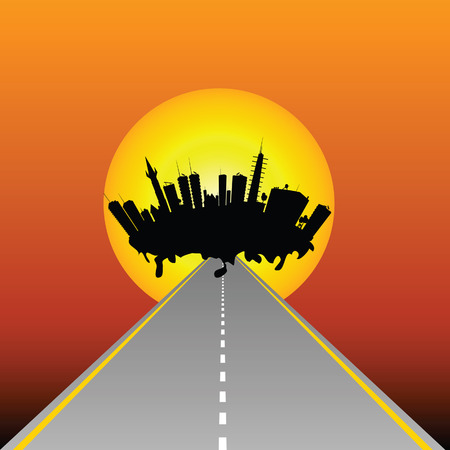 city and road illustration vector with sunのイラスト素材