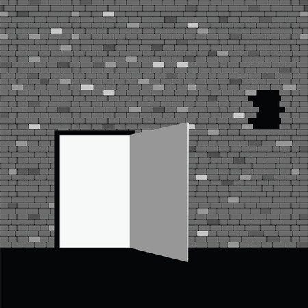 door on gray brick wall illustration eps10のイラスト素材