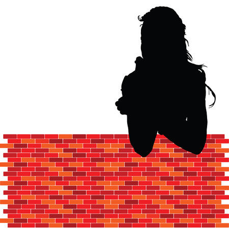 girl leaning against the wall with red brickのイラスト素材