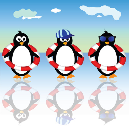 penguin summer three vector illustration on blue sky backgroundのイラスト素材