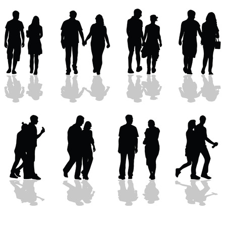 people walking in pairs silhouette on white backgroundのイラスト素材