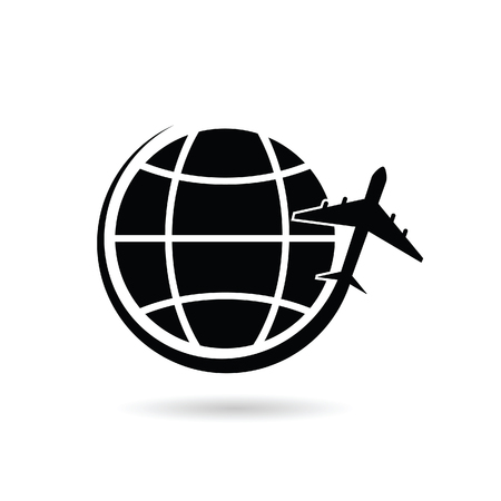 planet earth with airplane black vector silhouette illustrationのイラスト素材