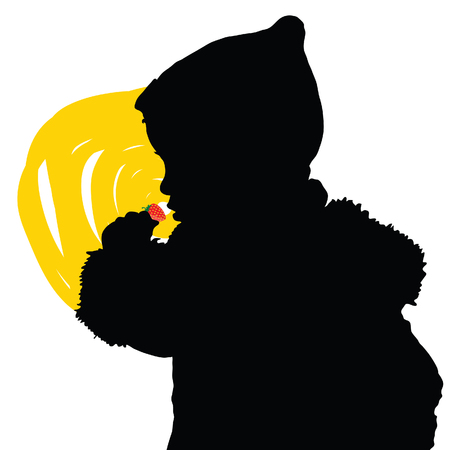chil eat fruit illustration silhouette on white backgroundのイラスト素材