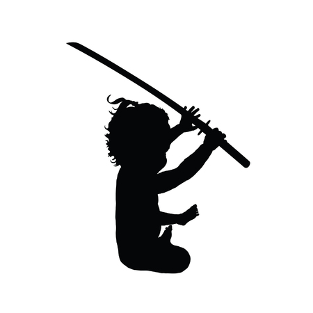 child with samurai sword illustration silhouetteのイラスト素材