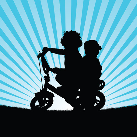 children on bike illustration silhouette in nature colorfulのイラスト素材