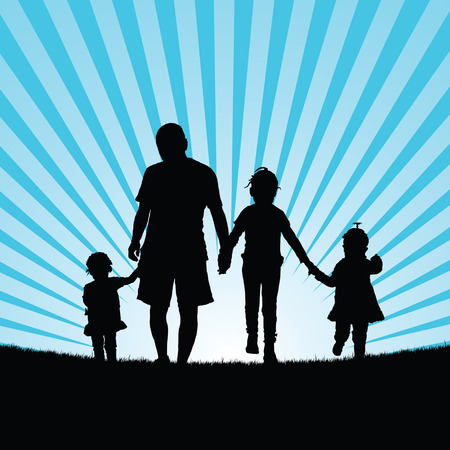 children with dad in nature illustration in colorfulのイラスト素材