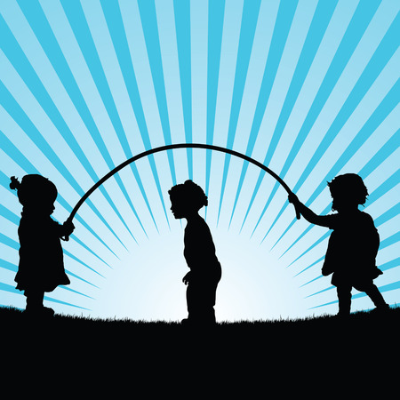 children play with rope silhouette illustration in blueのイラスト素材