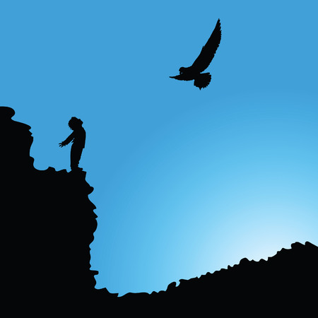 boy on cliff with bird silhouette illustration in colorのイラスト素材